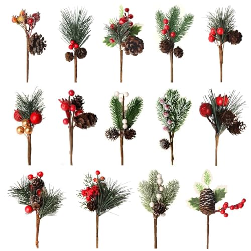 14 Piezas Decoración de Bayas de Navidad Artificiales Ramas de Pino Artificiales con Bayas de Acebo Rojas Conos de Pino para Decoración de Corona de Navidad/Chimenea/Regalo/Tarjeta/Mesa