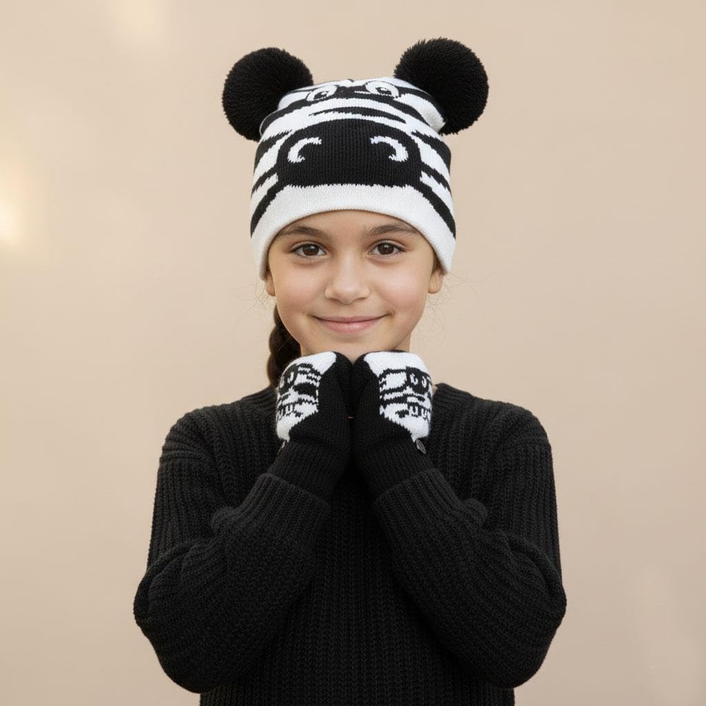 A2Z 4 Kids Girls Hat Gloves Knitted Animals Set Fleece Lined Winter Warm Cozy Comfortable Winter Accessories Sets