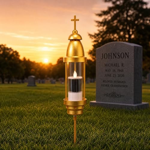 OURMEMO Cemetery Solar Lights with Cross & Solar Candle Waterproof Dual Mount