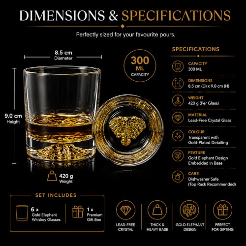 Image of Melbify Elephant Whiskey Glass | Set of 6 | 300 ml | Premium Packing | Gift Box | Golden | Big| Unique| Broad |Thick| Premium |Thick Bottom | Premium | Speciality Whiskey Glass | Gold Plated