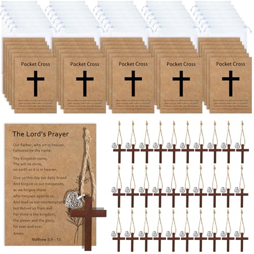 Qpige Bulk 30 Pocket Cross Cards Christian Gifts Wooden Pocket Cross Charm Christian Religious Gifts Small Faith Based Comfort Baptism Gift Inspirational Gifts for Women Men(Hollow Out Heart)