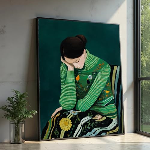 Portrait de femme au pull vert fleuri : sublimez votre salon avec ce grand tableau