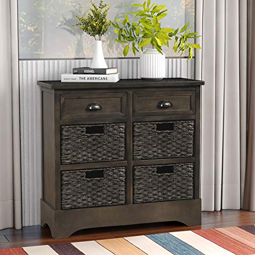 Merax Brown Morden Farmhouse Wood Storage Cabinet With Four Classic Rattan Basket Buffet Sideboard Brownrd For Kitchen/Dining Entryway/Living Room Light Grey, One #TOP2