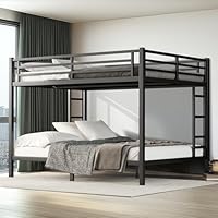 XUWANSHANG Queen Over Queen Bunk Bed Frame, Heavy Duty Metal Loft Bed for Adults/Teens, 400/600LB Capacity w/Ladder & Guardrail, Noise-Free Steel Slats, No Box Spring Required, Black