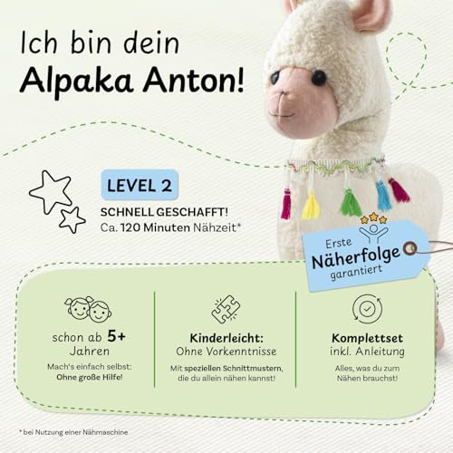 cuci cuci Näh-Baukastenset Motiv: Alpaka Anton | Erste Näherfolge garantiert für Kinder ab 5 Jahren, Komplettset mit allem, was Du zum Nähen brauchst | Fördert Kreativität & Geschicklichkeit