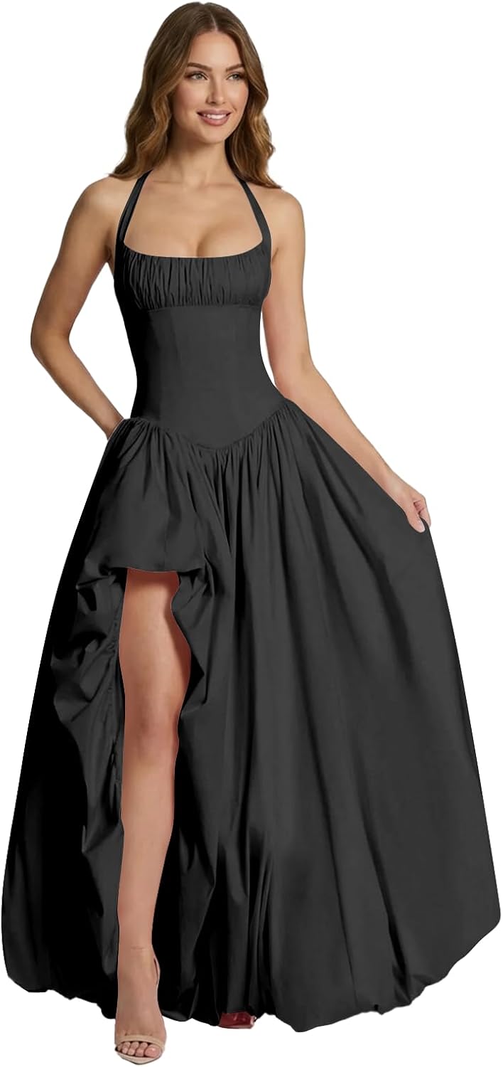 Long Halter Prom Dresses 2026 with Slit Ruched Strapless Satin Ball Gown for Women ...