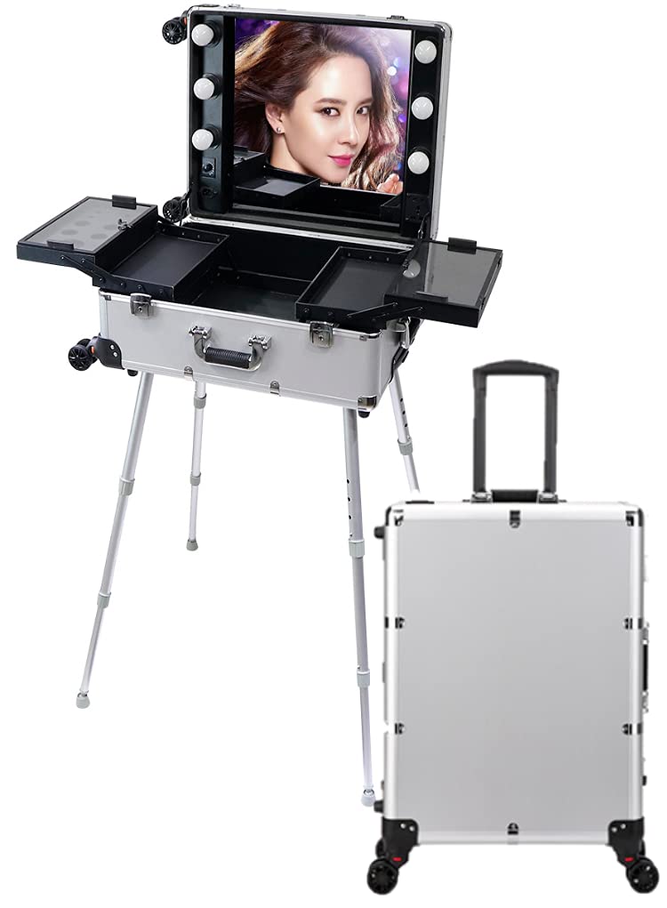Professional Makeup Trolley| Cosmetic Organizer Stand Train Case| Portable Table Light Vanity Mirror SILVER