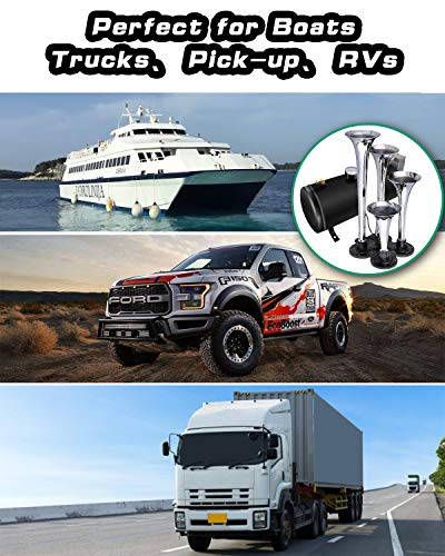 Carfka Air Horn for Truck Boats Car, 150DB Super Loud Train Horns Kit with 120 PSI Air Compressor, 4 Trumpets Horn, Silver, Vans,Tractors,Trains,Camper, RV’s, Off Road Vehicles