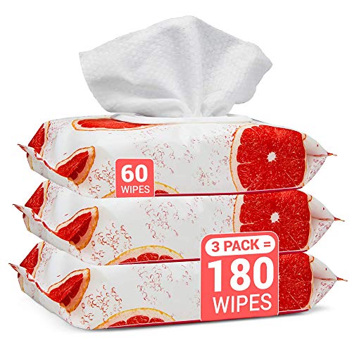 Herb & Luxe Face Wipes, Makeup Remover Facial Cleansing Wipes for Sensitive Skin, 60 Counts, Grape Fruit (Pack of 3 = 180 Wipes)
