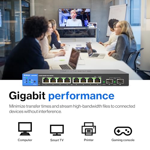 Image of Linksys LGS310MPC 8 Port Gigabit Network PoE+ Switch @ 110W with 2 Uplink Gigabit SFP Slots - Advanced Security, QoS, Static Routing, VLAN, IGMP Features - Metal Housing, Desktop / Wall Mount