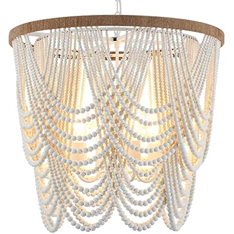 ELYCCUPA 26” Boho Wood Beaded Chandelier Rustic Farmhouse Pendant Light 4-Lights Large Coastal Chandelier for Living Room Dining Room Foyer Entryway Bedroom, Oak White, E26, UL Listed Cover