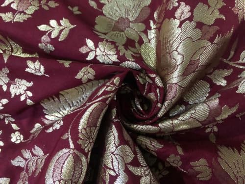 Tissu brocart de soie jacquard floral rouge vin 111,8 cm pour couture et ameublement BRO909