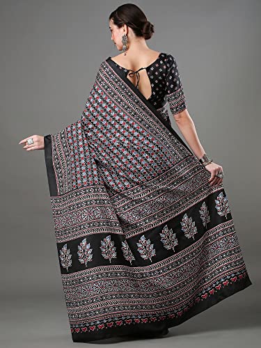 Image of SAREE MALL Women's Ajrak Block Print Dola Silk Saree With Unstitched Blouse Piece
