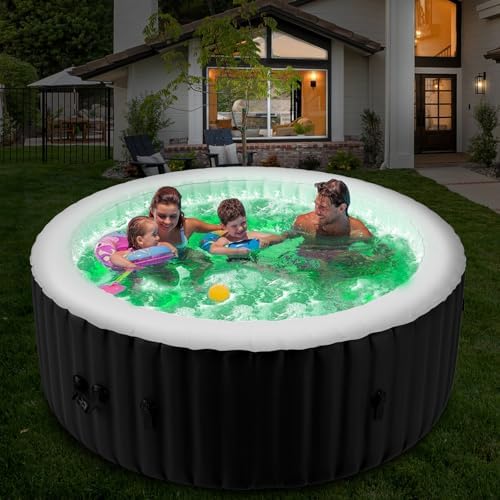 Inflatable Hot Tub with LED Lights, 2-4 Person Round Blow Up Portable Hot Tub, Leak-Proof PVC Outdoor Spa with 120 Strong Air Jets, Heater Pump and Insulated Cover, 71” X 71”X 25”