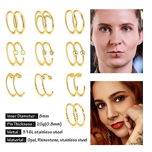 Sunligoo 20G 38Pcs Stainless Steel Nose Rings Nose Studs Cz L Bone Screw Shaped Gold Hoop Nose Ring Labret Nose Piercing Jewelry For Women Men #TOP1