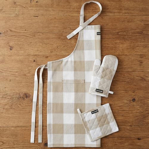 Image of Encasa XO 100% Cotton Apron Set for Women & Men with Adjustable Apron, Oven Gloves & Pot Holder (Pack of 3) Combo, Heat-Resistant, Soft & Durable for Cooking, Baking & Grilling (Buffalo Beige Checks)