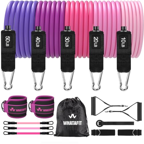 Image of WHATAFIT Resistance Bands, Exercise Bands, Workout Bands with Handles, Door Anchor and Ankle Straps, 5 Resistance Levels Fitness Bands for Strength Training, Physical Therapy, and Home Gym Equipment