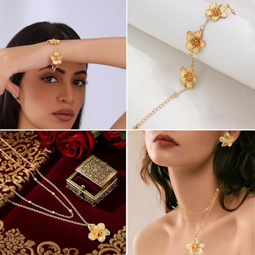 AHEJIOO 5 Stück Gold Schmuck Set Damen, Vintage Blumen Halskette Armband Ring und Statement Ohrringe, Goldschmuck Blumenohrringe Gold für Hochzeit Party, Goldene Ohrringe Damen Geschenkidee – Bild 4