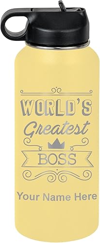 Miniatura 57 de LaserGram Botella de agua personalizada, World's Greatest Boss, acero inoxidable de doble pared aislada al vacío con popote superior, regalo grabado
