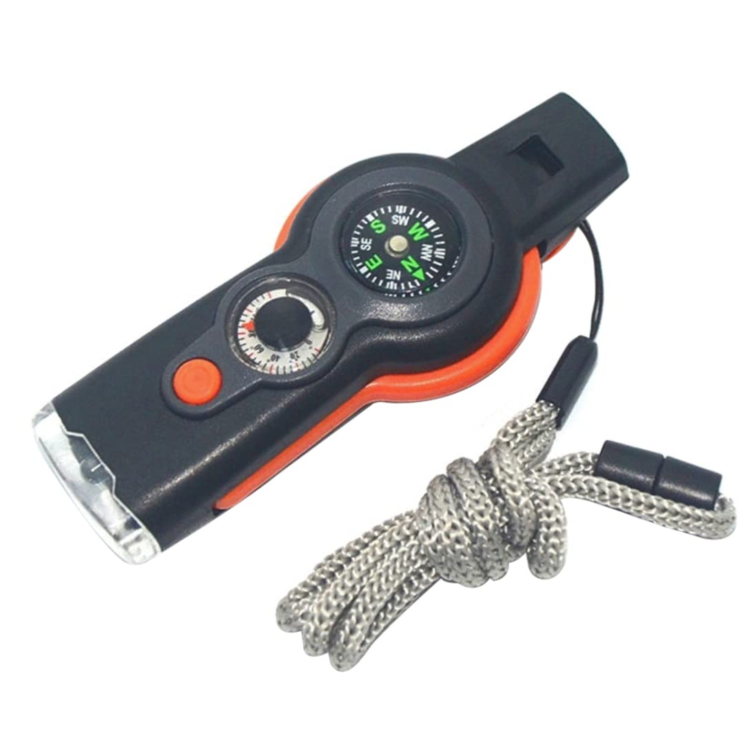 7-in-1 Camping Safety Whistle with Compass, Thermometer, Light, Magnifier, and Mirror (Orange) - Multifunctional Whistle, Safety