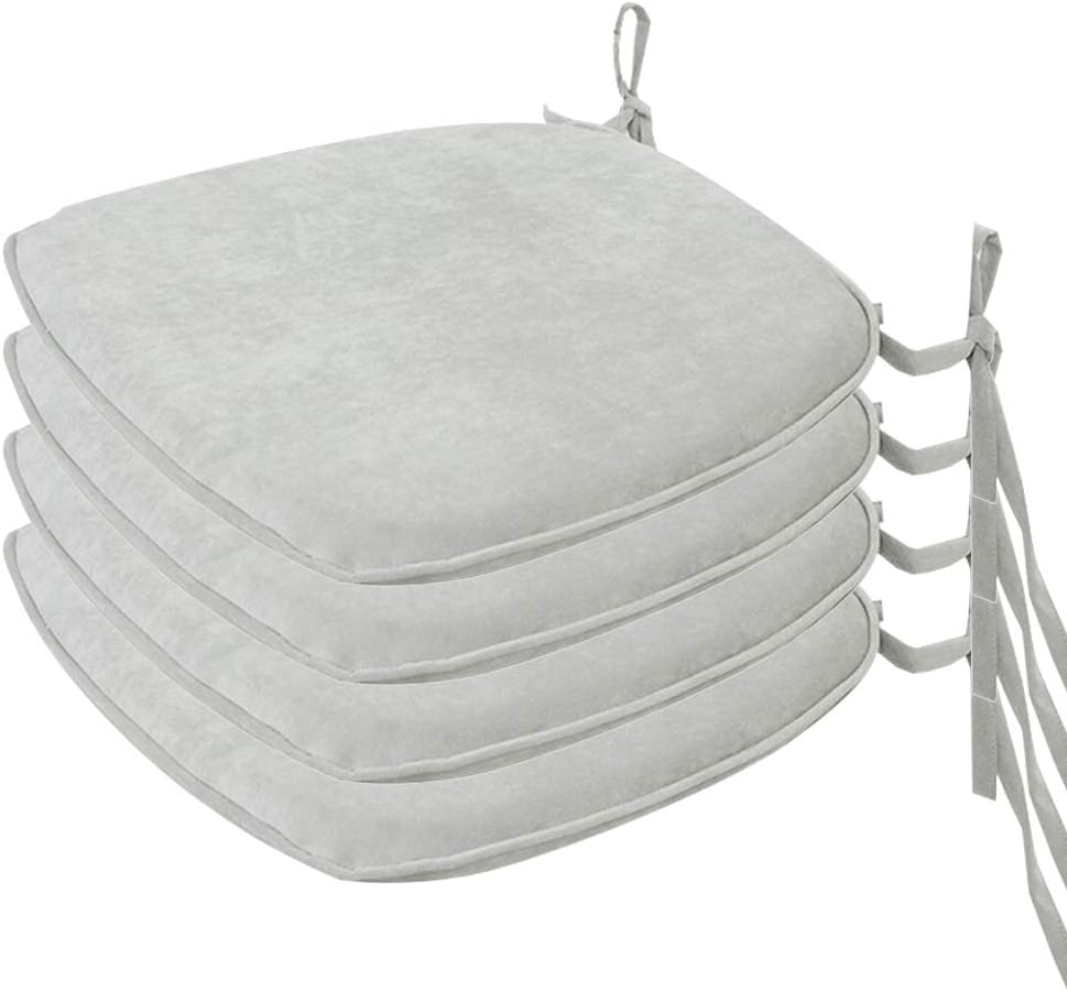 Nobildonna 4 Pack Grey 17" x 16" Memory Foam Chair Pad with Ties Kitchen Dining Home Décor