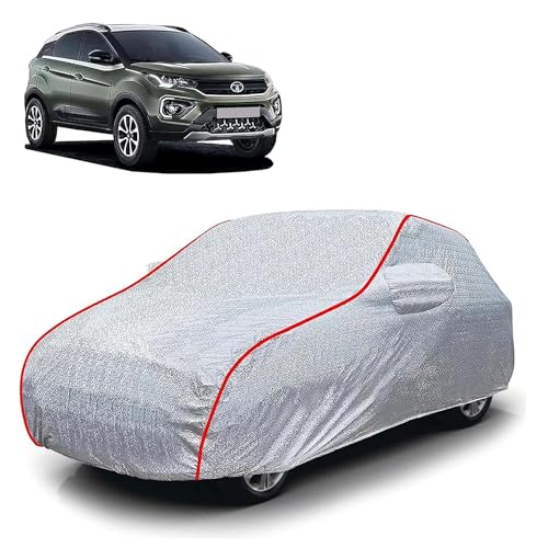 Image of Sulfar 100% Waterproof Car Body Cover Compatible with Mirror for Tata Nexon (Triple Stitched, Full Bottom Elastic, Magic Silver with Red Piping)
