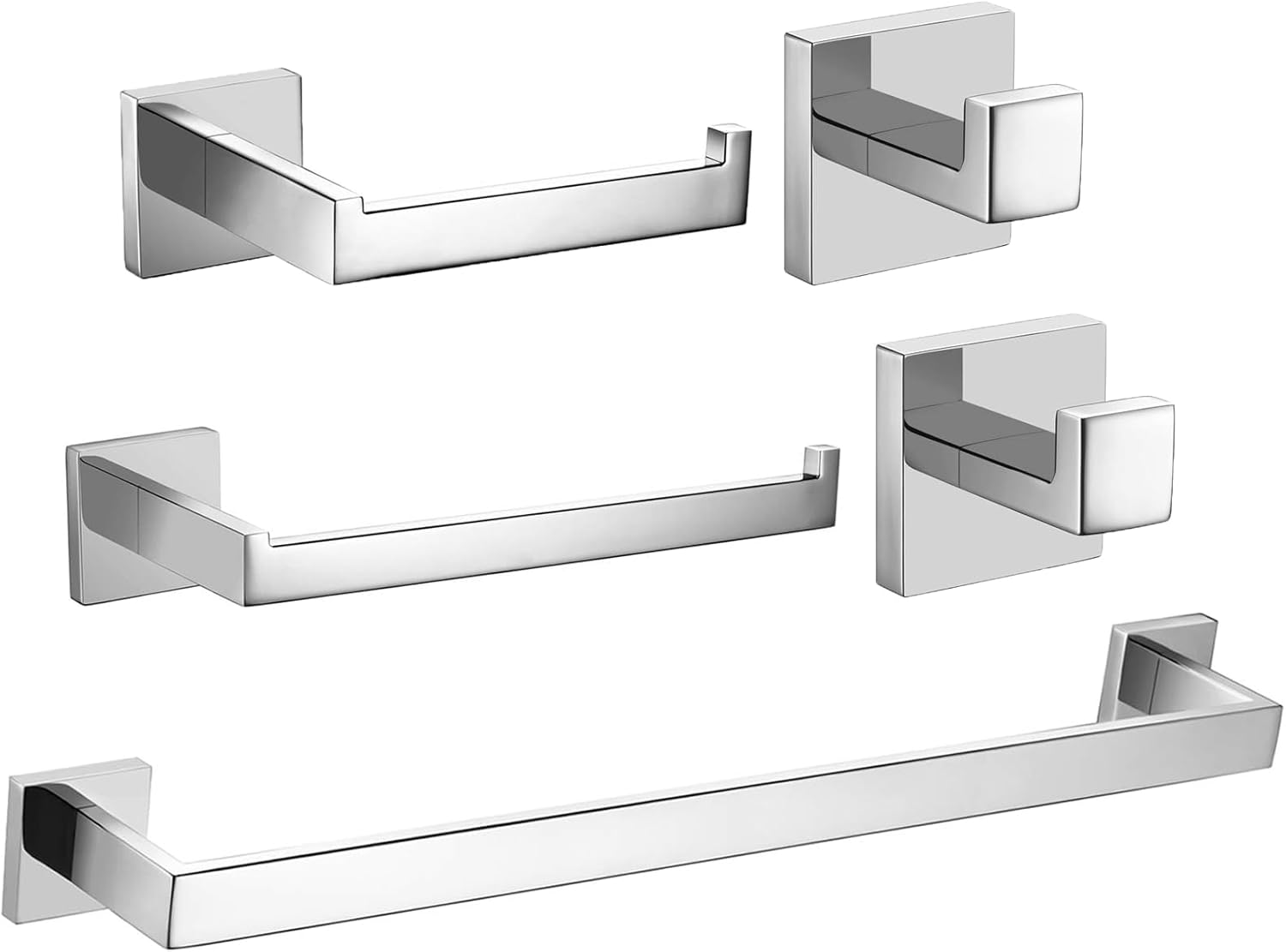 5-Piece Chrome Bathroom Hardware Accessory Set Including 24inch Towel Bar Toilet Paper Holder Towel Holder Robe Hook Premium SUS304 Stainless Steel Wall Mounted Square Style,Polished Finish,Rustproof