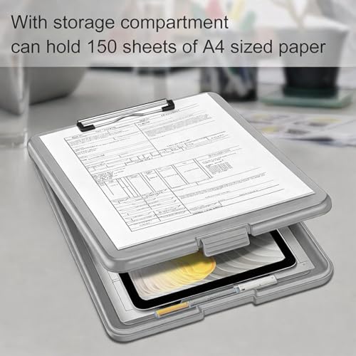 Image of YAJNAS A4 Foldable Plastic Clipboard with Built-in Storage and Pen Holder, Grey, 24 x 31 cm, for Office, Travel, Students, Teachers, Doctors, Nurses (Grey)