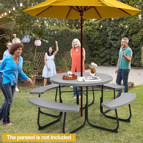 Image of Tangkula 8 Person Picnic Table, Outdoor Round Picnic Table with 4 Built-in Benches, Umbrella Hole, Metal Frame & HDPE Tabletop, Outside Table and Bench Set for Backyard, 2300lbs Weight Capacity