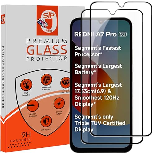 Image of STP FEEL Premium Tempered Glass Screen Protector Guard Compatible For Redmi A7 Pro 5G (6.9 Inch, Pack of 2) | Edge to Edge Coverage With Easy to installation kit for Smartphone