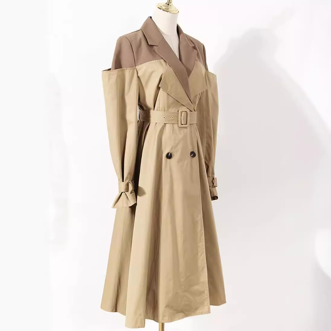 Women's Autumn and Winter Two-Color Spliced Fake Two-piece Suit, mid Length Over Knee Waist Jacket Dress (US, Alpha, Large, Regular, Extra Long, Khaki/Coffee)