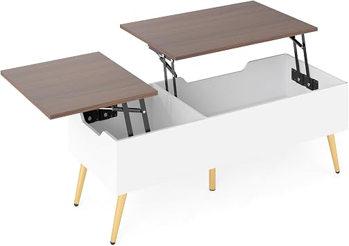 LIFEZEAL Living Room Table, Living Room Coffee Table, Modern Living Room Table with Elevating Top, Metal Legs, Container, 2 Compartments, 110.5 x 48 x 40 cm, White
