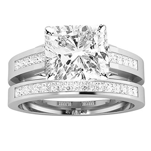 4 Carat Classic Lab Grown Synthetic Princess Channel Princess Wedding Bridal Set IGI Certified Diamond Engagement Ring (3 Ct, H-I Color, VS1-VS2 Clarity Center)
