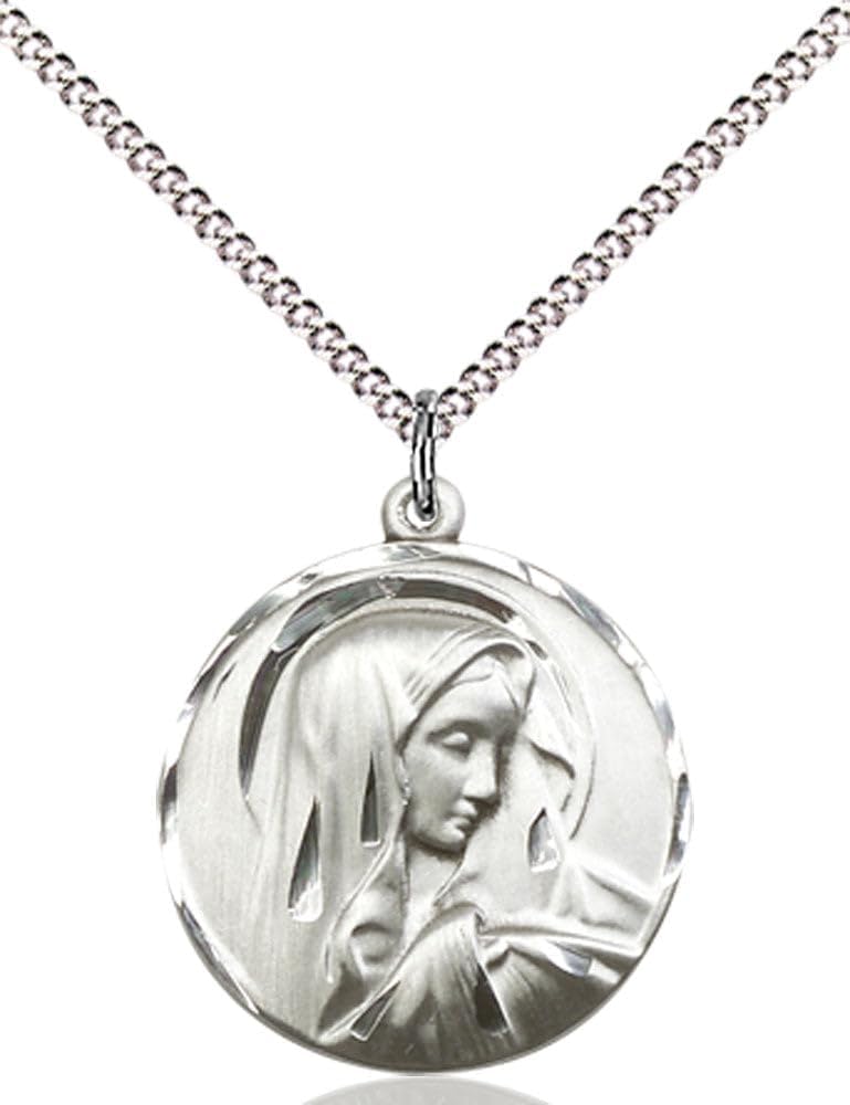 F.A. Dumont Sterling Silver Sorrowful Mother Medal Pendant with 18" Heavy Curb Chain - 4249SS/18S