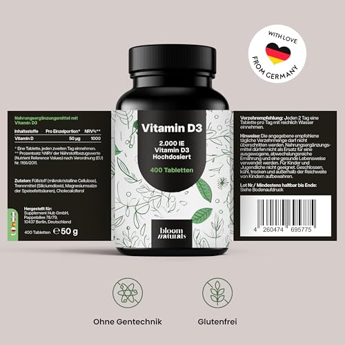 Vitamin D3 2000 IE hochdosiert - 400 Tabletten - Vitamin D - Produziert in Deutschland - Laborgeprüft - Verpackung kann variieren