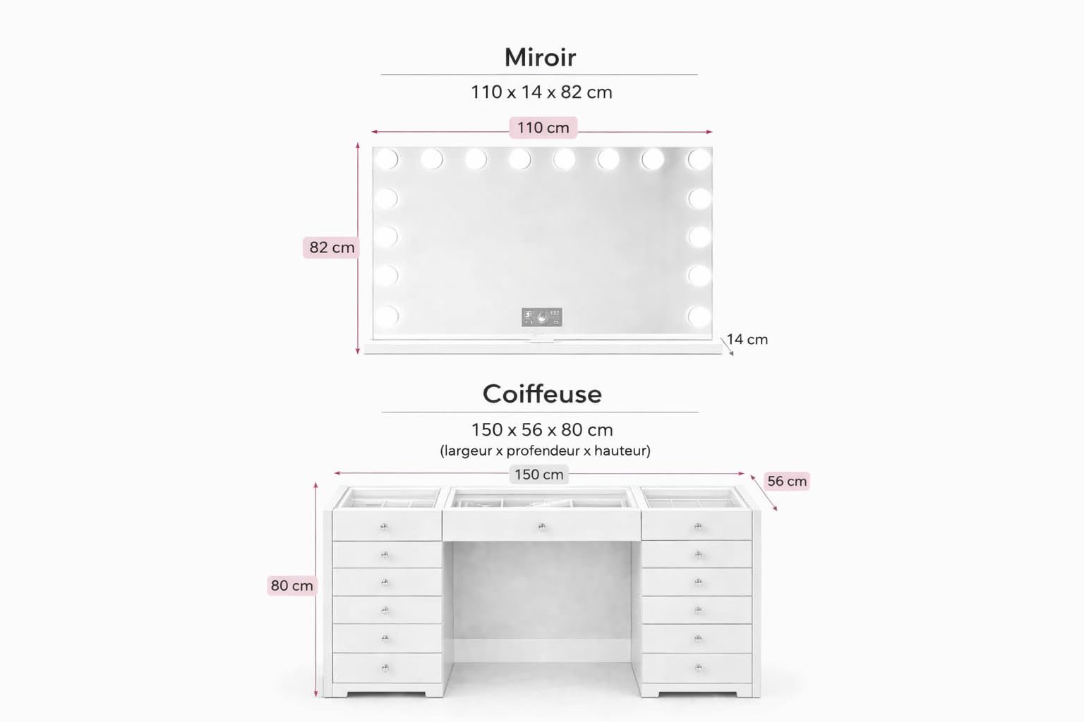 Générique Coiffeuse Vanity avec Miroir Lumineux LED Bluetooth USB – 13 tiroirs – Blanc