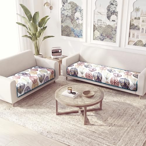 Image of HOKIPO 'Homehues Series' Printed Quilted 5 Seater Sofa Cover Set - Washable 3+2 Sofa Cover Mat | Multicolor Linden Leaf (IN-807 + IN-809 - D7)