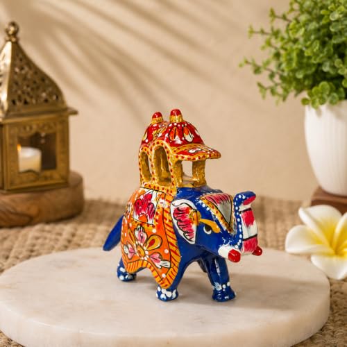 Image of eCraftIndia Handcrafted Elephant Ambari Decorative Showpiece for Home Decor | Traditional Rajasthani Hand-Painted Elephant Figurine with Howdah | Tabletop & Living Room Decoration