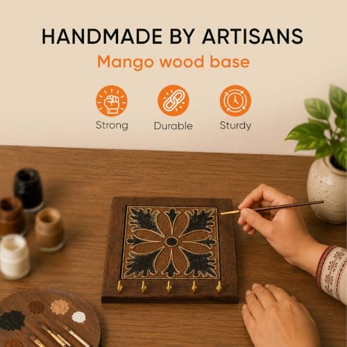 Image of AAKRITI ART CREATIONS Key Holder, Brown Orchid Handcrafted Key Holder Panel | Rustic Ceramic & Wood Wall Organizer with 5 Hooks | New Home Gifts| Multifunctional Entryway Decor
