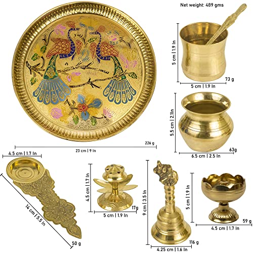 Image of Spillbox Traditional Handcrafted Brass Puja | Pooja Thali | Arati | Arathi | Arthi | Arti | Arathi | Bartan Thambulam Plate Set for Several Occasions Like - Diwali Gift- Peacock Ppset