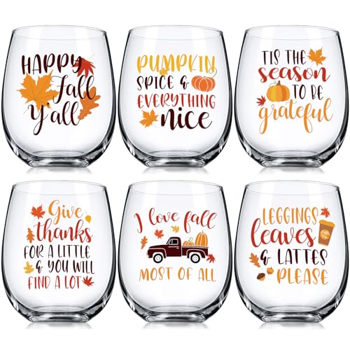Layhit 6 Pieces Fall Stemless Wine Glass Fall Drinking Glasses Autumn Thanksgiving Cups Hello Pumpkin Leaves Pumpkin Spice 12oz Wine Tumbler for Table Decor Christmas Holiday Seasonal Gift Ideas