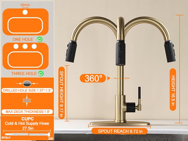 Image of Black and Gold Kitchen Faucet,Stainless Steel Faucet for Kitchen Sink with Pull Down Sprayer, Single Handle High Arc Gooseneck Sink Faucet for Bar RV, Fit for 1 /3 Hole Brushed Finish