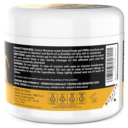 Dulac - Arnica Gel 98% hladilni učinek, 500 ml, Arnica Horse Gel za ljudi, ekstra močan, lajša utrujene mišice in sklepe, pomirja in sprošča, z oljem buritija, timijanom, mentolom, izdelano v Italiji