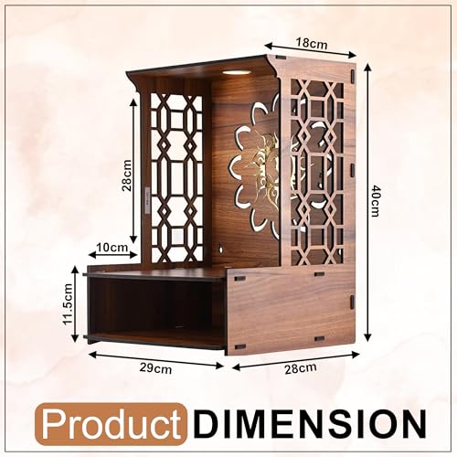 Image of GLUN Beautiful Wooden Pooja Mandir for Home | Wall Mounted Puja Temple with LED Light | Compact Prayer Stand for Office & Apartment Size 15x11x11 Inch