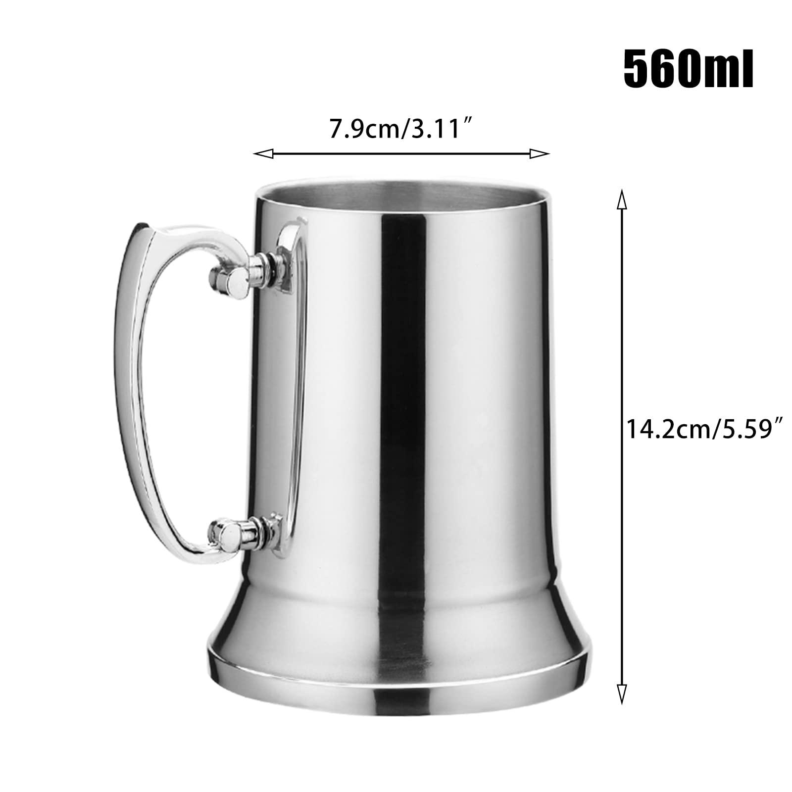 Chope à Bière En Acier Inoxydable Double Couche - 560 Ml Ou 450 Ml - Poignée Aluminium, Fond Antidérapant