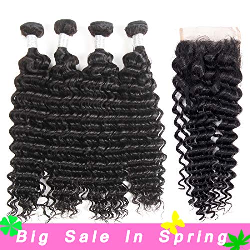 XYHair Deep Wave Bundles with Closure Virgin Hair Bundles Brazilian Deep Curly Human Hair Bundles with Closure Hair Extensions(14161820+12,Natural Black)