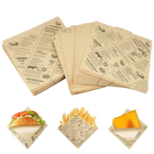 200 Hojas de Papel Hamburguesas, pPapel Deli Antigrasa, Bolsas de Hamburguesas, Bolsas de Papeles para Bocadillos Sándwich Doner Aperitivos Pasteles Perritos Calientes Patatas Fritas (15 x 15 cm)
