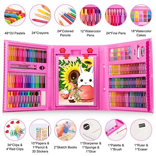 Art Supplies, 240-Piece Drawing Art Kit, Gifts Art Set Case With Double Sided Trifold Easel, Includes Oil Pastels, Crayons, Colored Pencils, Watercolor Cakes, Sketch Pad (Pink) #TOP1