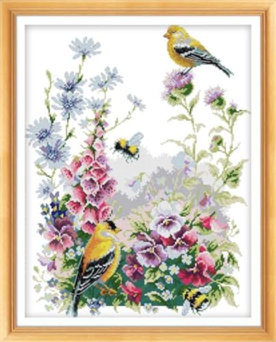 Image of Rosyfoxes Cross Stitch Kits Stamped Full Range of Embroidery Starter Kits for Beginners DIY 11CT 3 Strands - Printed kit Bird and Flowers (Printed) 18.9x24 inches