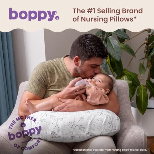Image of Boppy Nursing Pillow - Verified Safe Breastfeeding Pillow with Softer Fill for Comfortable Support, Machine Wash & Dry Cover, Non-Toxic Materials - Gray Gentle Leaves